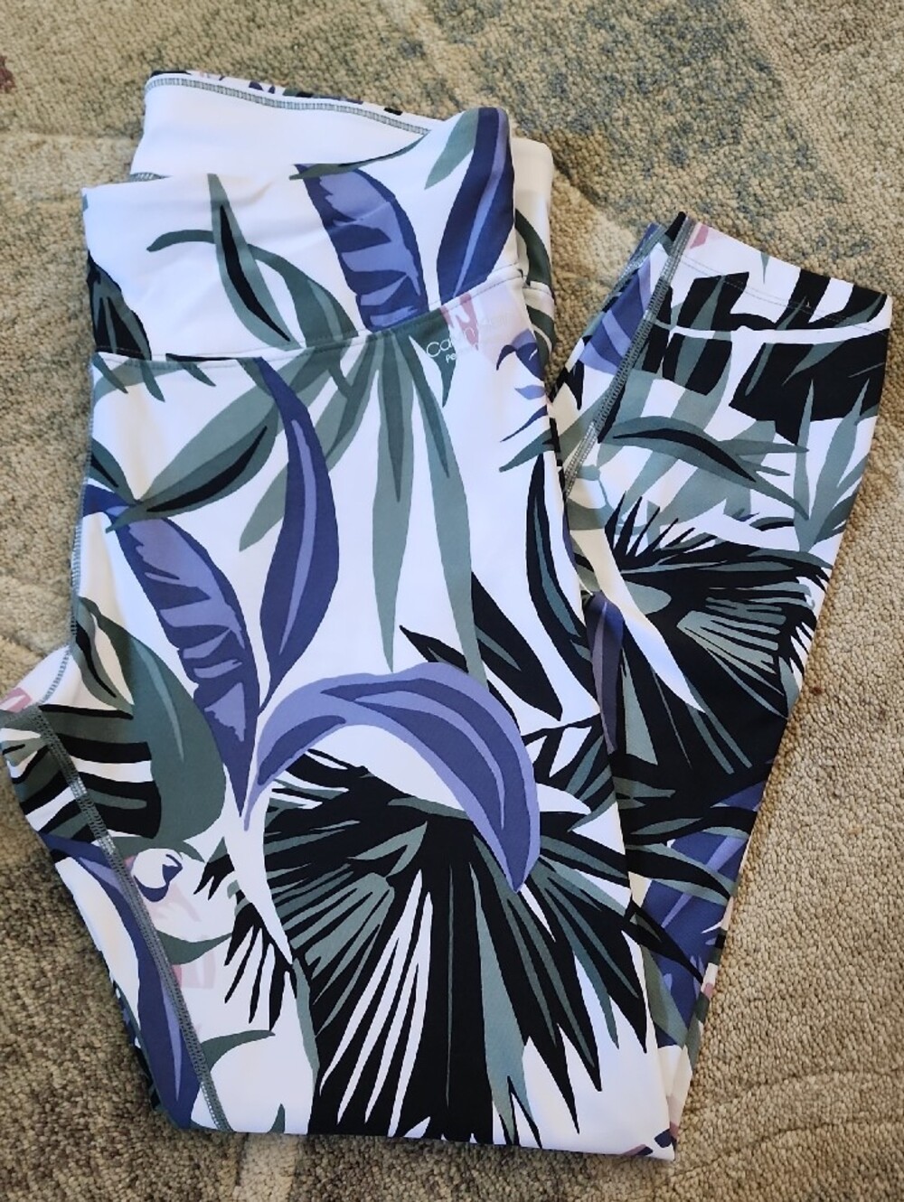 Calvin Klein Performance Womens Tropical Leaf Leggings - White, Green & Blue